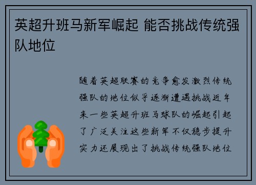 英超升班马新军崛起 能否挑战传统强队地位